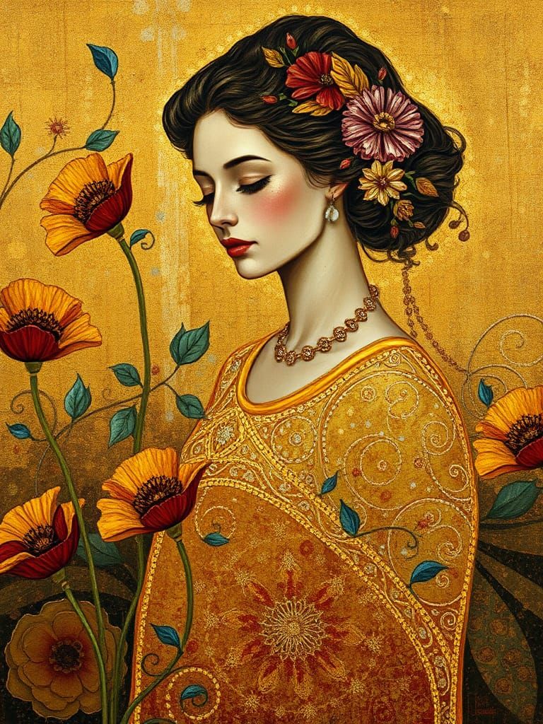 Golden Woman Portrait in Impressionistic Style