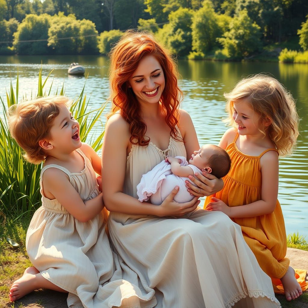 Lakeside Motherhood: An Impressionist Summer Scene