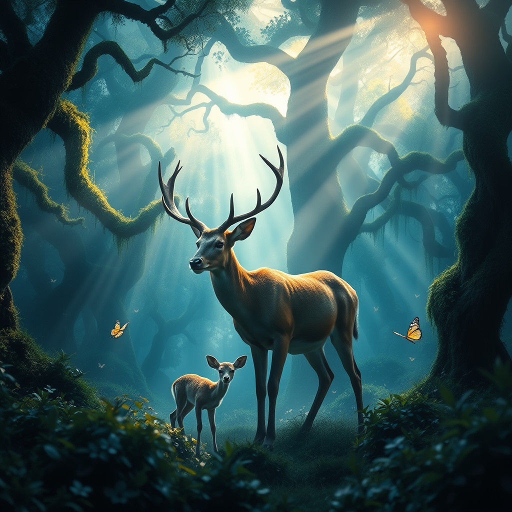 Enchanted Forest Scene with Deer and Fawn
