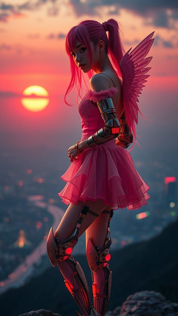 Cybernetic Angel in Anime Sunset