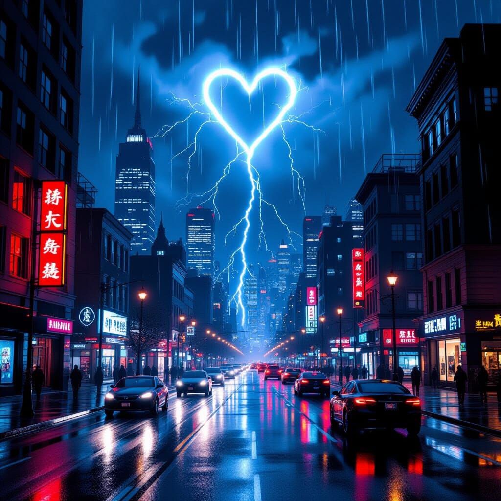 Neon Cityscape at Night with Heart-Shaped Lightning