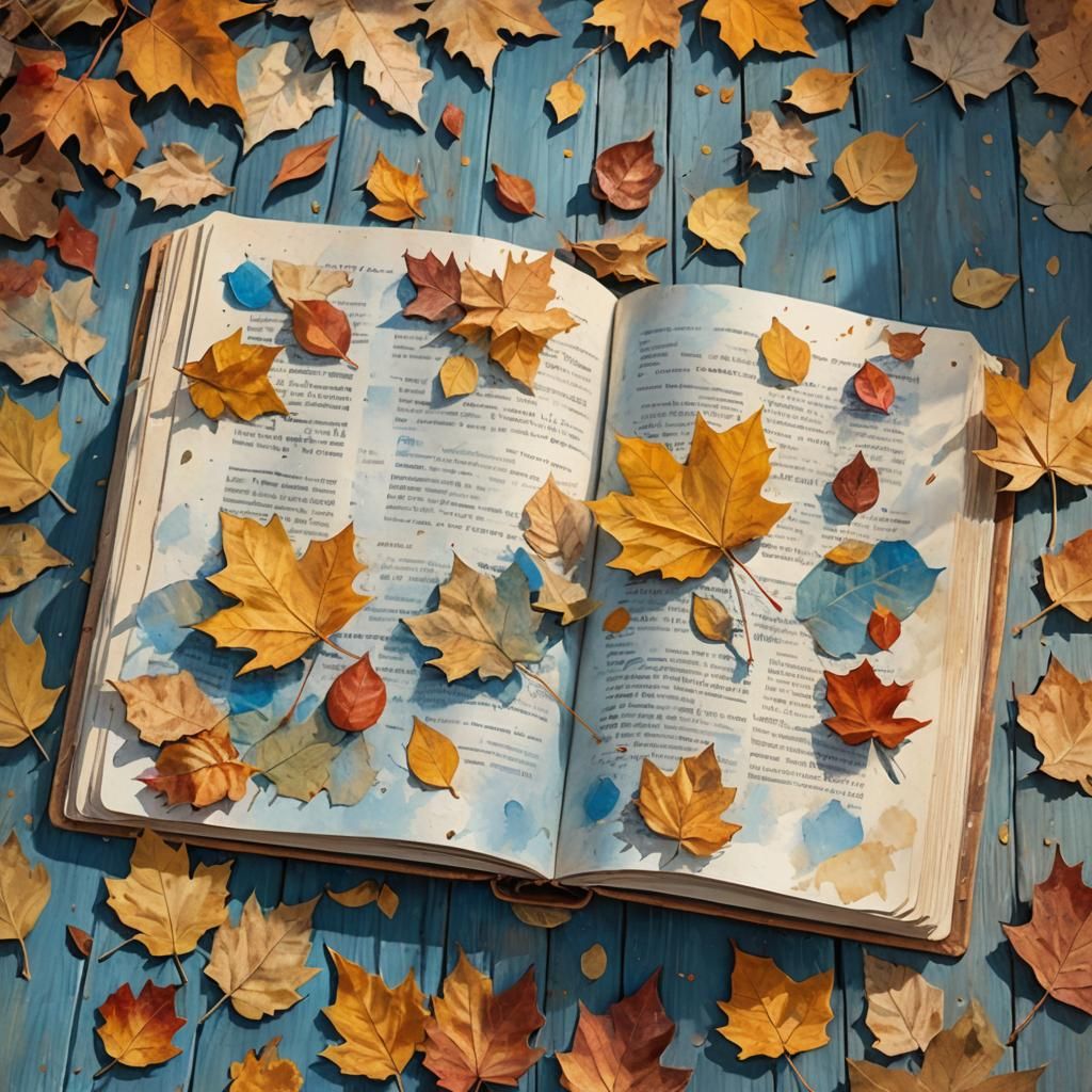 The book is lying on its side on a wooden table with autumn ...