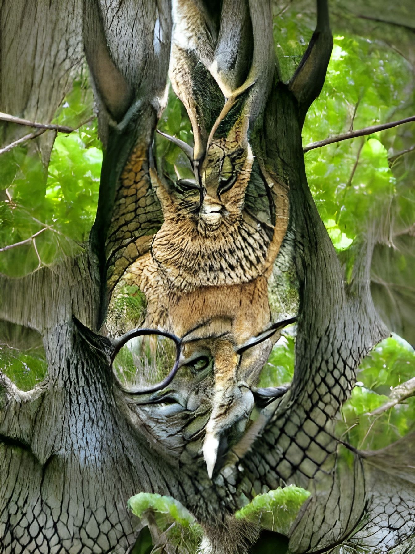 Great Horned Owl Perched in Woodland Tree