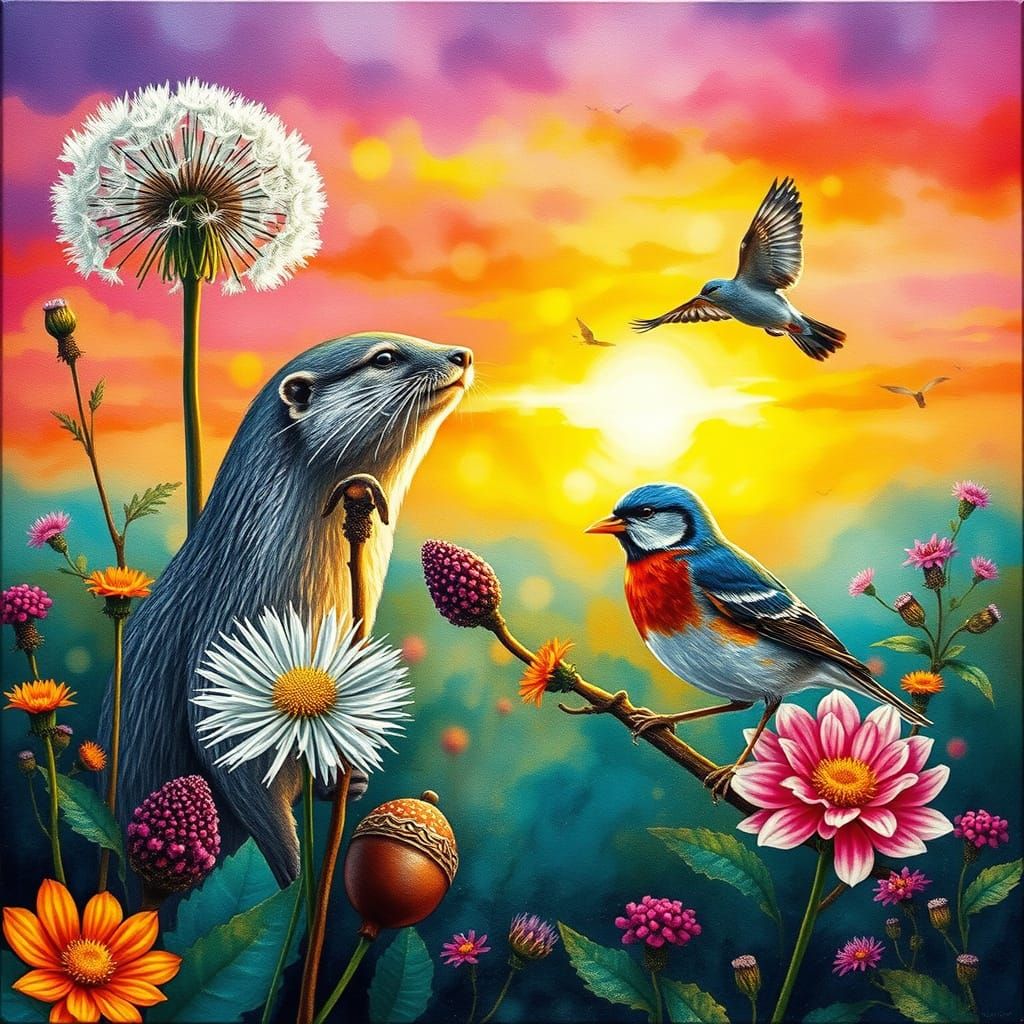 Whimsical Sunrise Celebration of Nature in Vibrant Colors