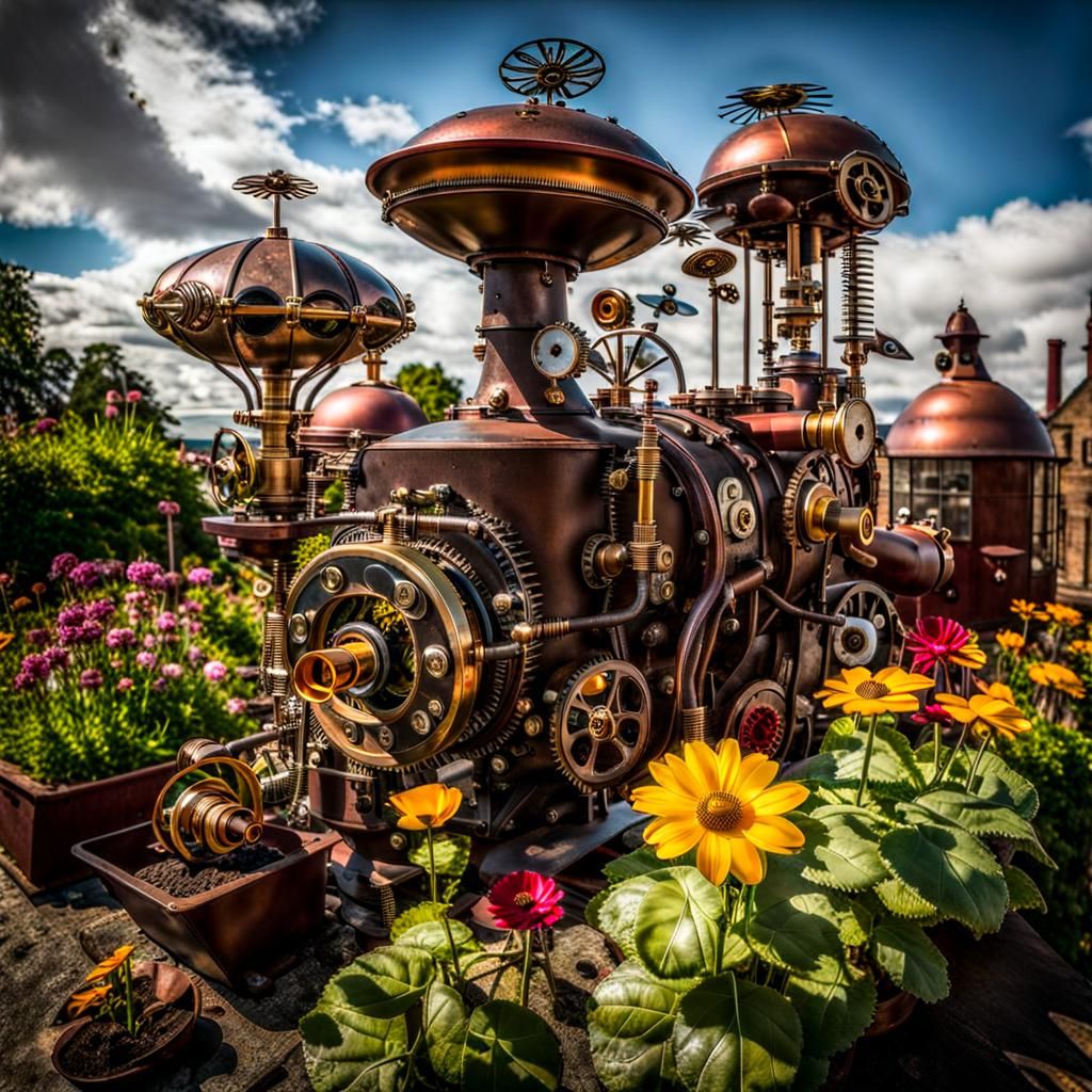 Steampunk Metal Flower Garden with Zeppelins