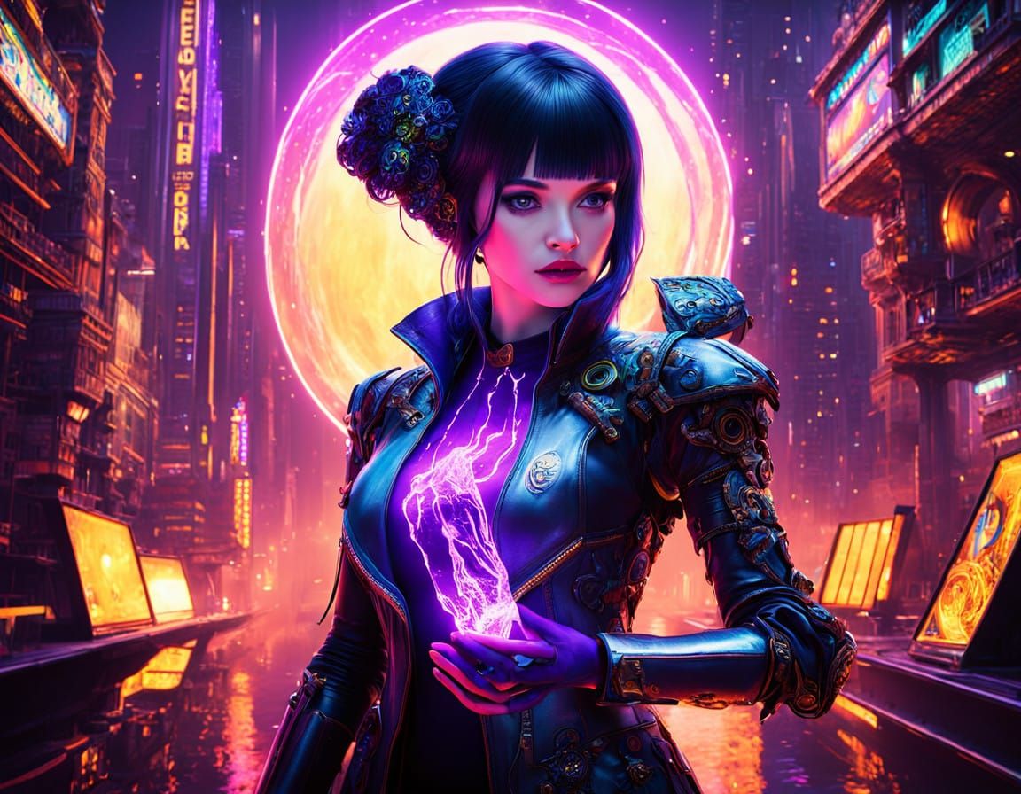 Cyberpunk Female Scientist in Steampunk Cityscape