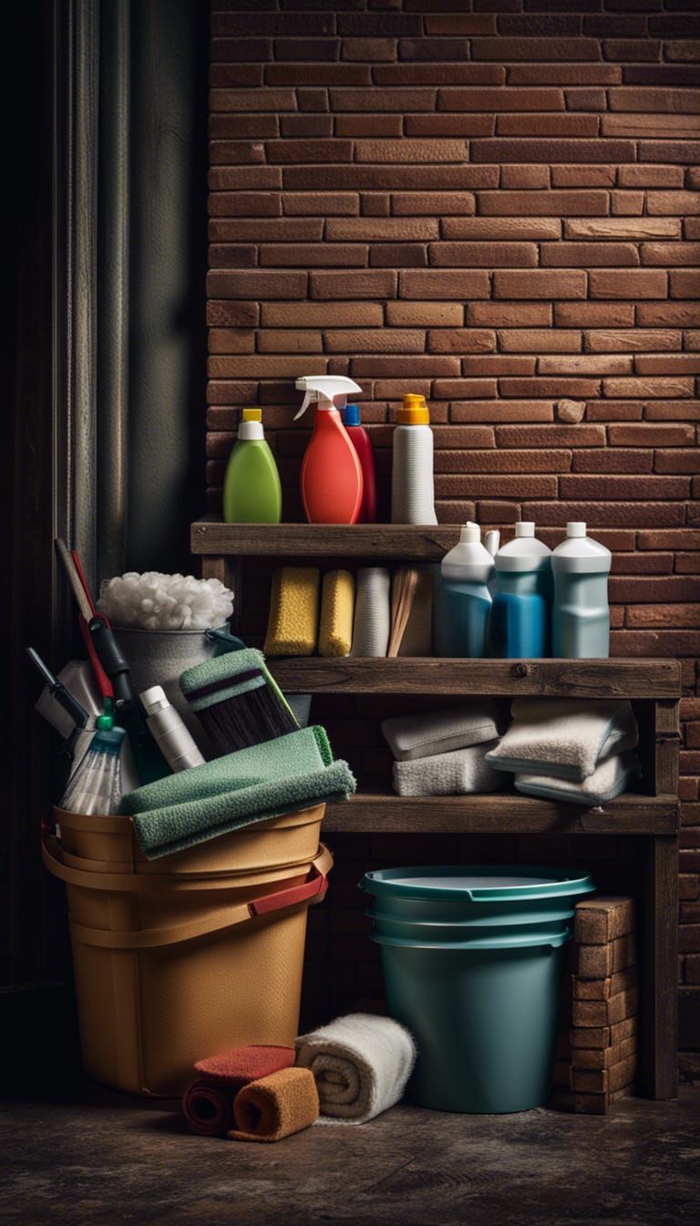 Hyperrealistic Cleaning Supplies Against Brick Wall