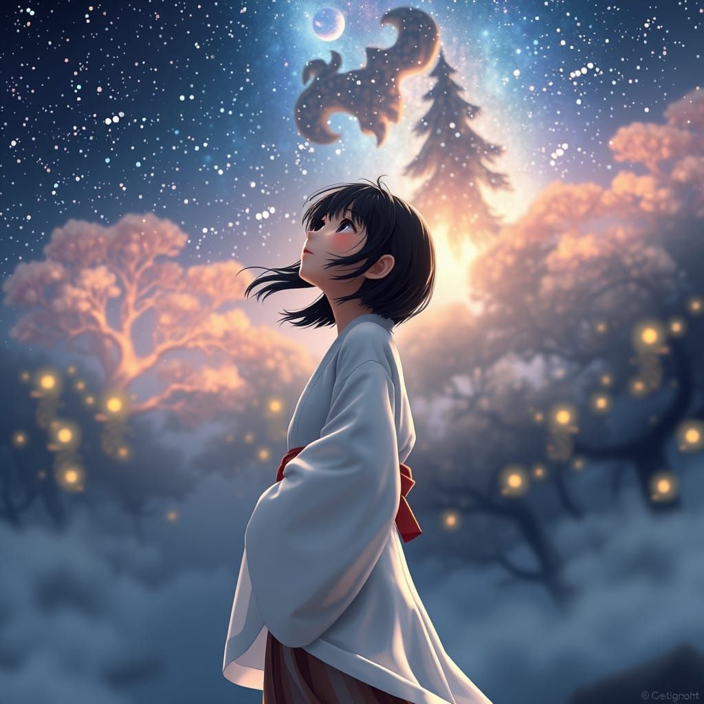 Mystical Japanese Goddess Under Starry Night Sky