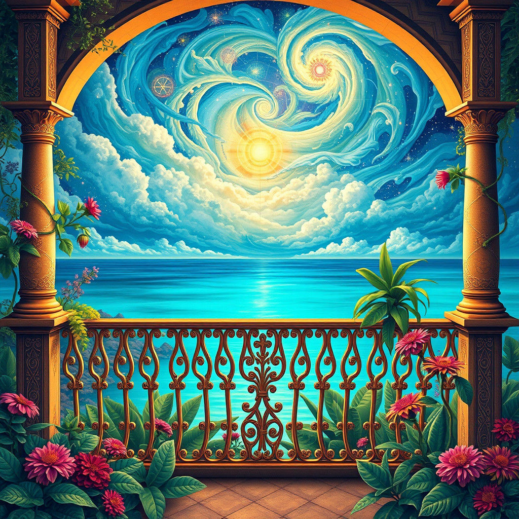 Ornate Balcony Overlooking Turquoise Sea in Holographic Styl...