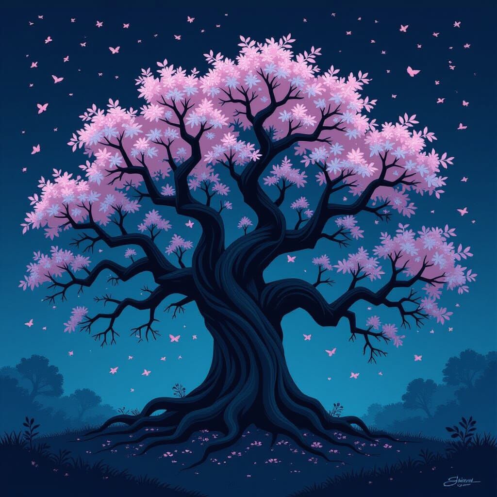 A striking tree with a dark, twisted trunk and sprawling bra...