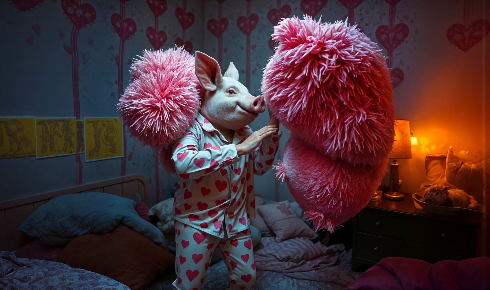 Pig-Headed Man's Pillow Fight in Whimsical Bedroom