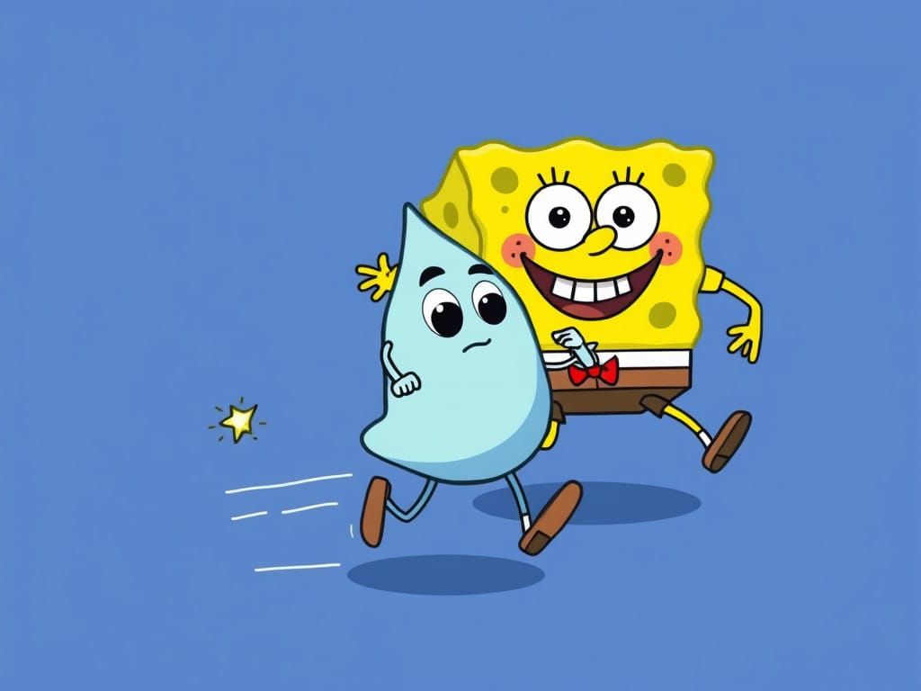 Water Droplet in Frenzied Flight from Chasing Sponge