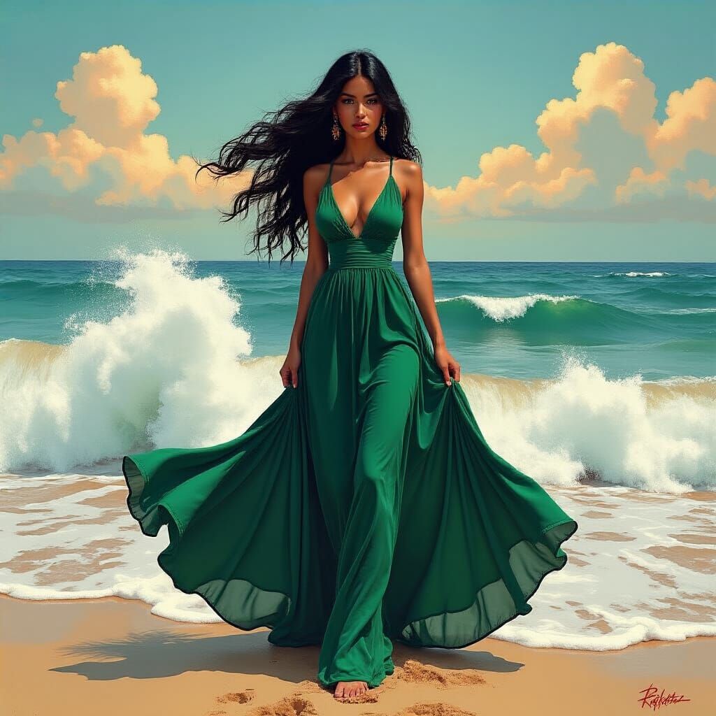 Mexican Model in Emerald Dress, Britto-Inspired Art