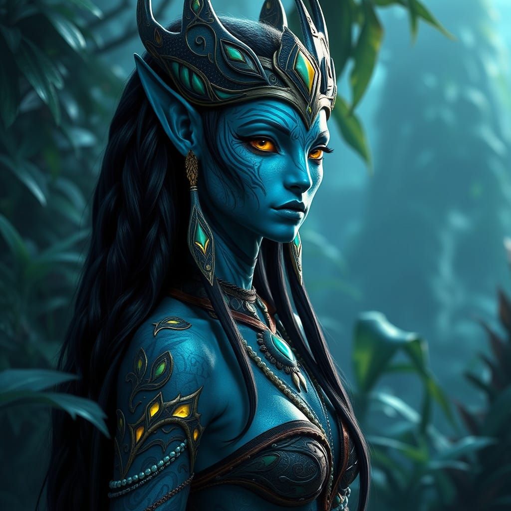 Regal Na'vi Huntress in Photorealistic Avatar Style