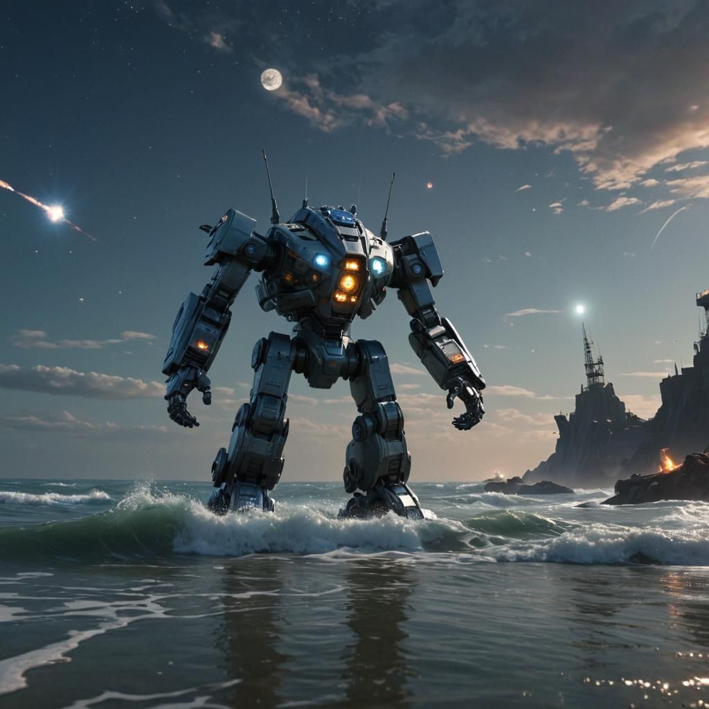 Dystopian Metal Shore with Battle Mech