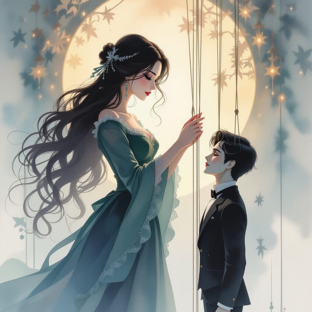 Female Puppet Master and Marionette in Dreamlike Watercolor ...