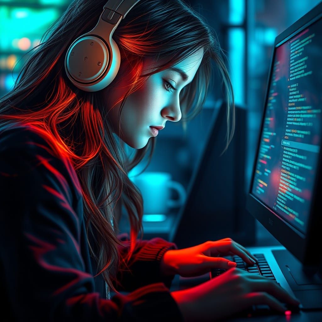 Girl Programmer Focused on Code, Lit by Monitor Glow