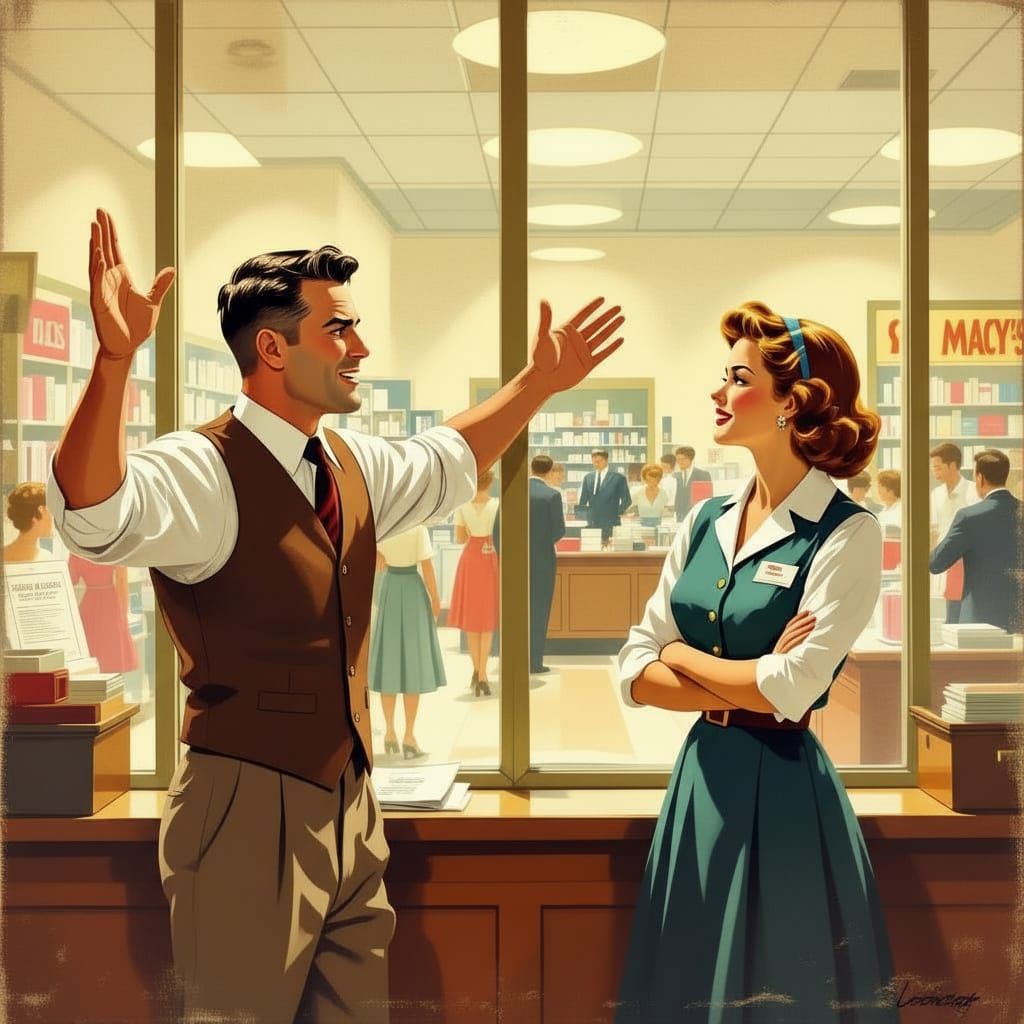 Disgruntled Customer Argues at 1950s Store Counter