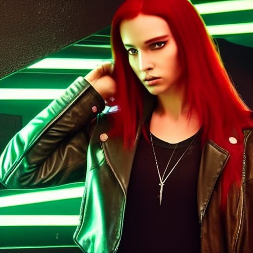 Red-Haired Woman in Neon Cyberpunk Club