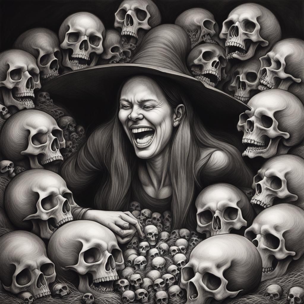 Witch Laughing at Skulls: Hyperdetailed Charcoal Drawing