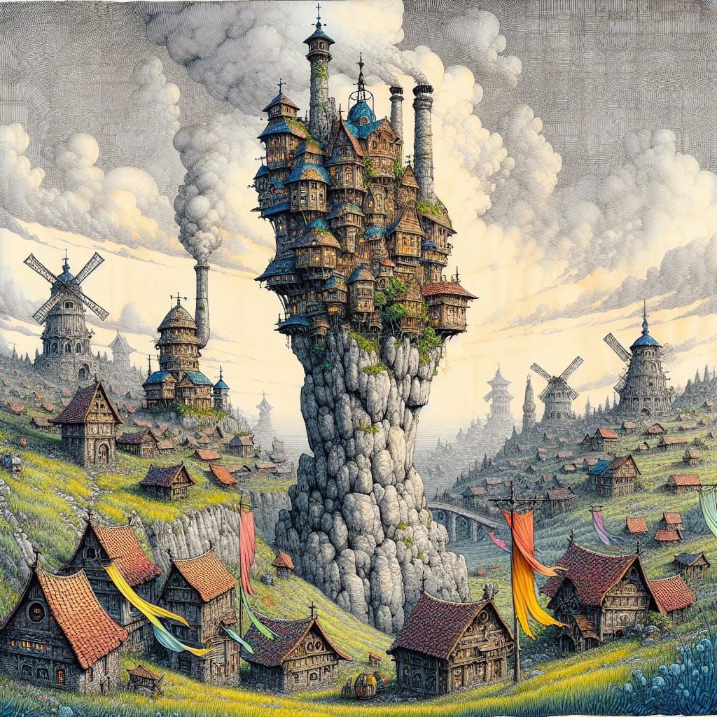 Whimsical Tower Village on Rock Pillar, Ink and Watercolor