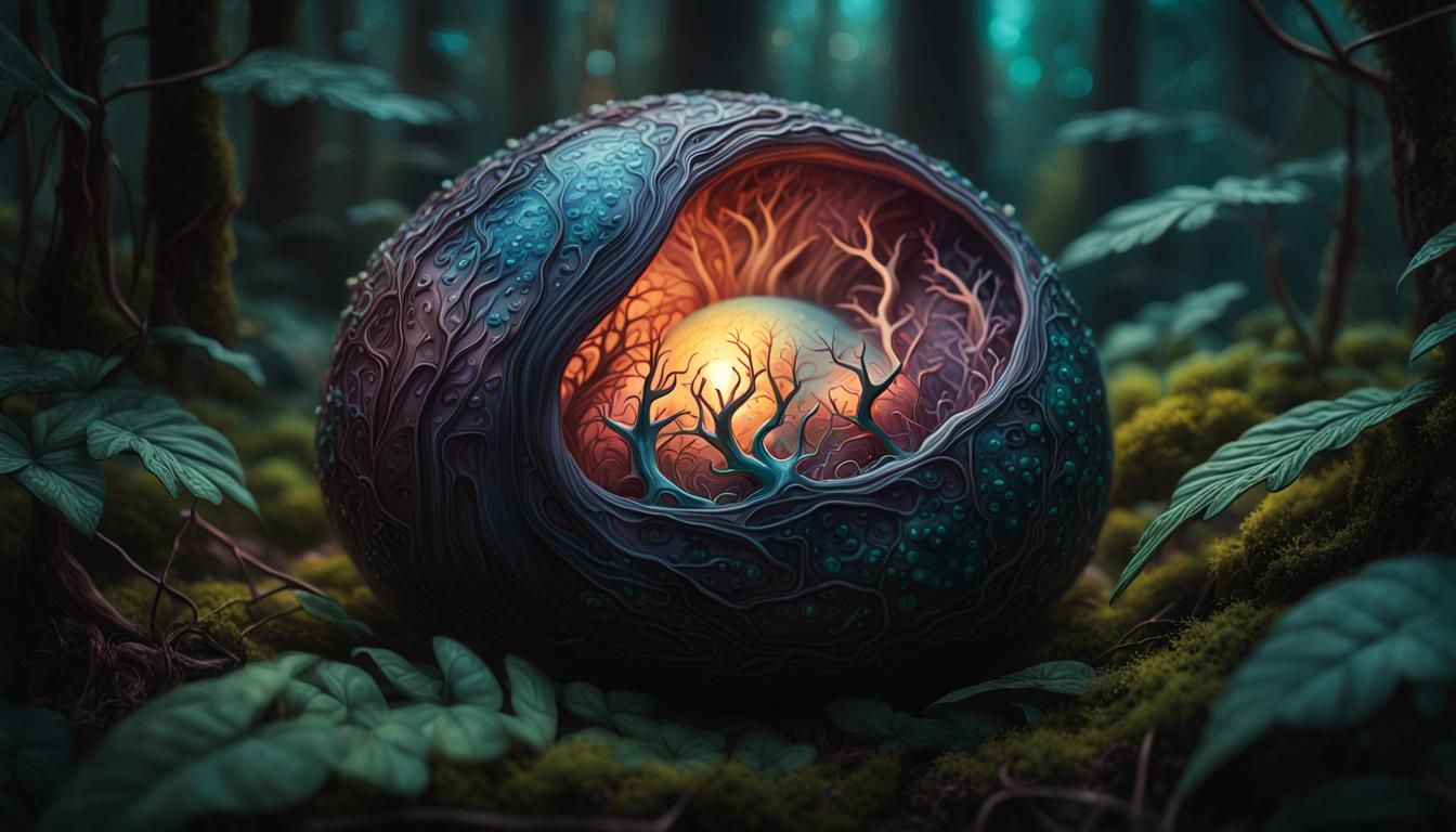 Glowing Forest Ovum in Hyperrealistic Triadic Colors
