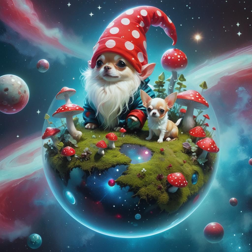Gnome and Chihuahua in Cosmic Wonderland