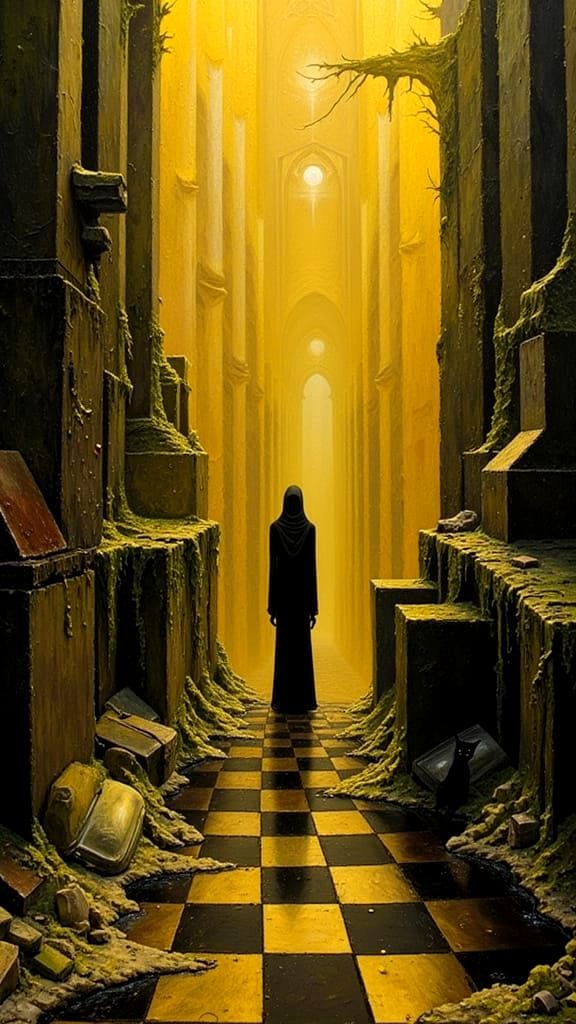 Esoteric Figure and Cat in Surreal Landscape