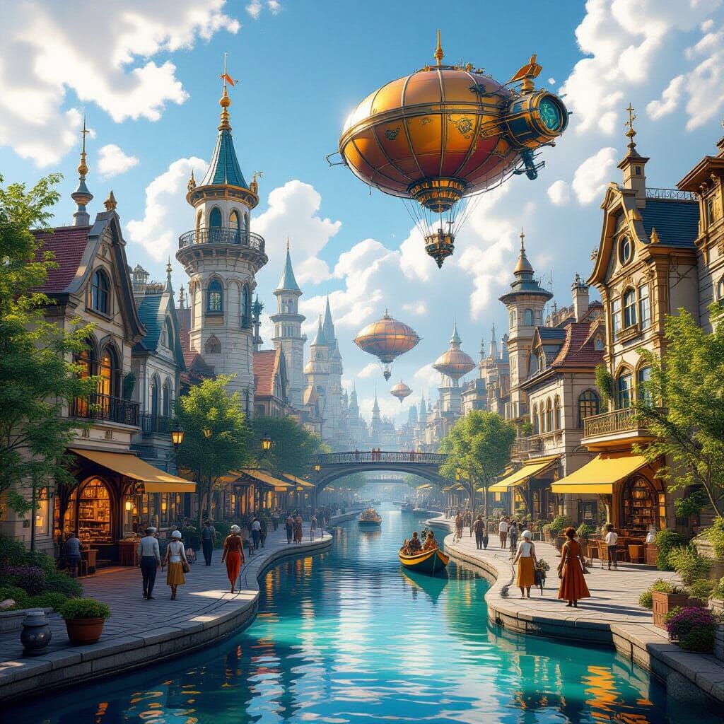 Vibrant Aetherpunk City with Magic and Technology