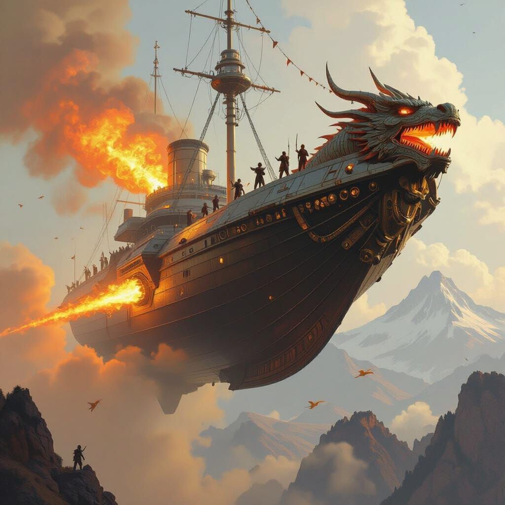 Fiery Dragon Warship Sails Through the Sky