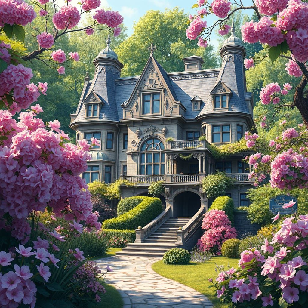 Elegant Mansion in a Blossoming Flower Garden