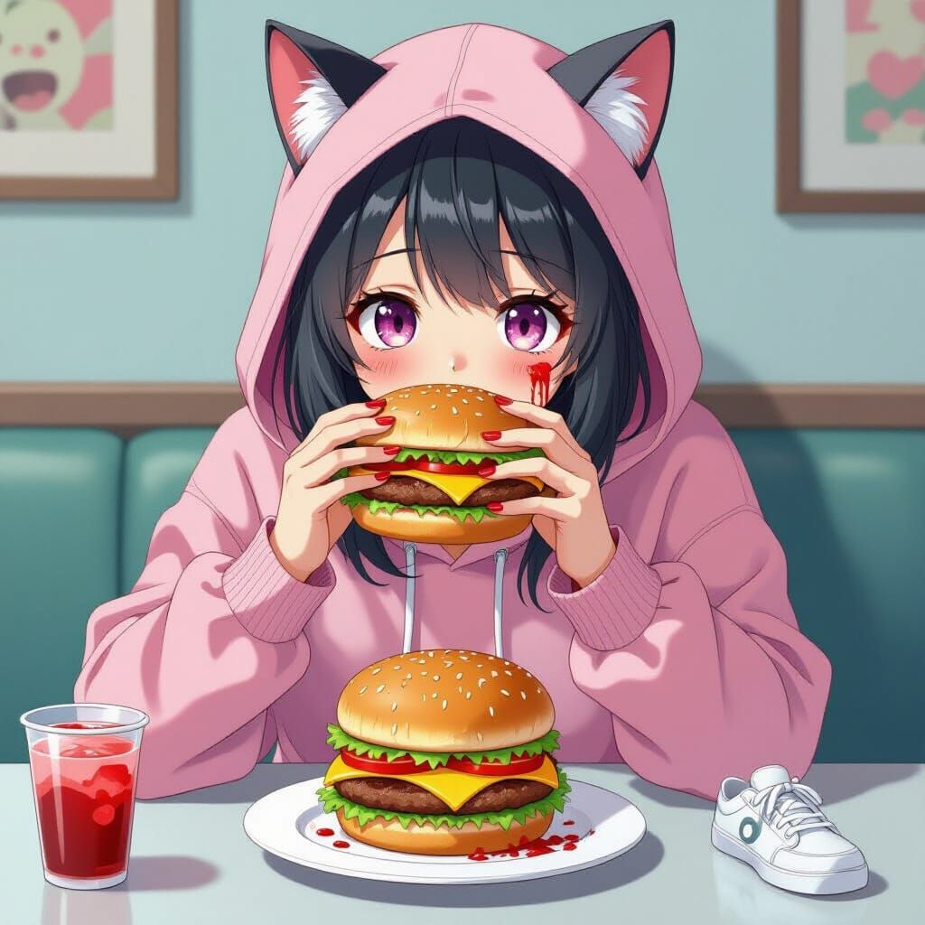 Kawaii Neko Girl Devouring Burger: Anime Horror Fusion
