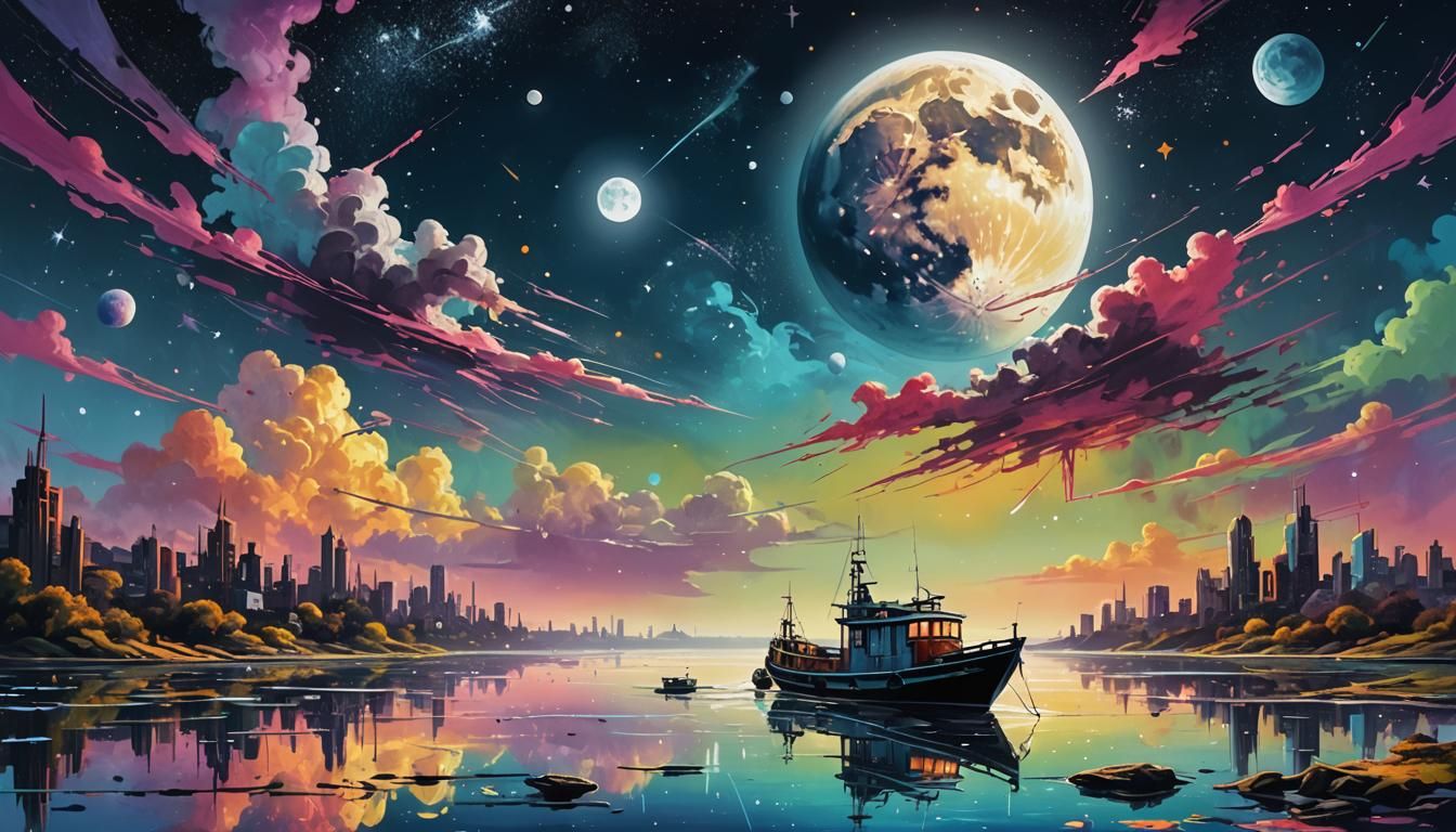 Futuristic Boat on Tranquil Waters in Graffiti Art Style