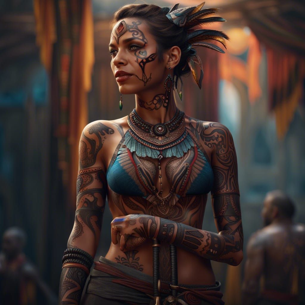Tribal Tattoo Woman: Detailed Fantasy Art