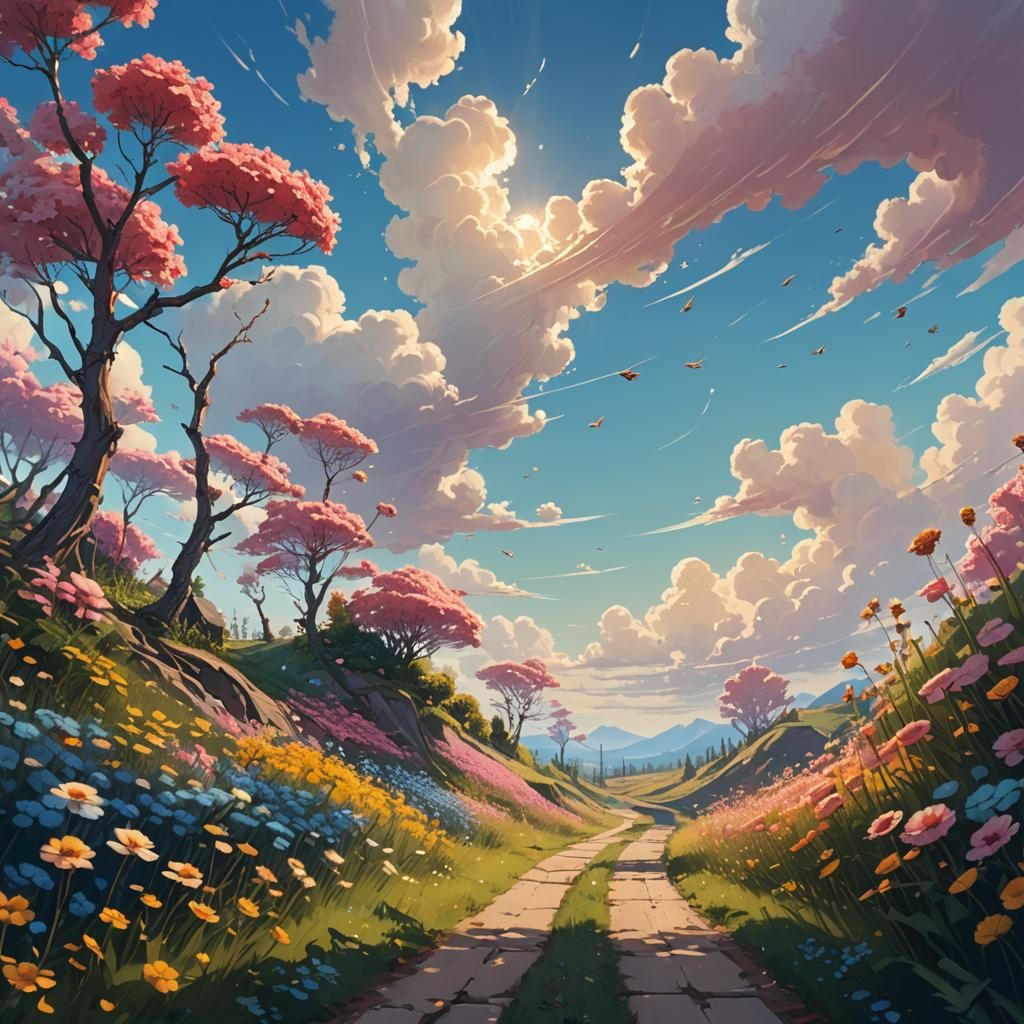Flower Path to Sunlit Horizon: Fantasy Concept Art