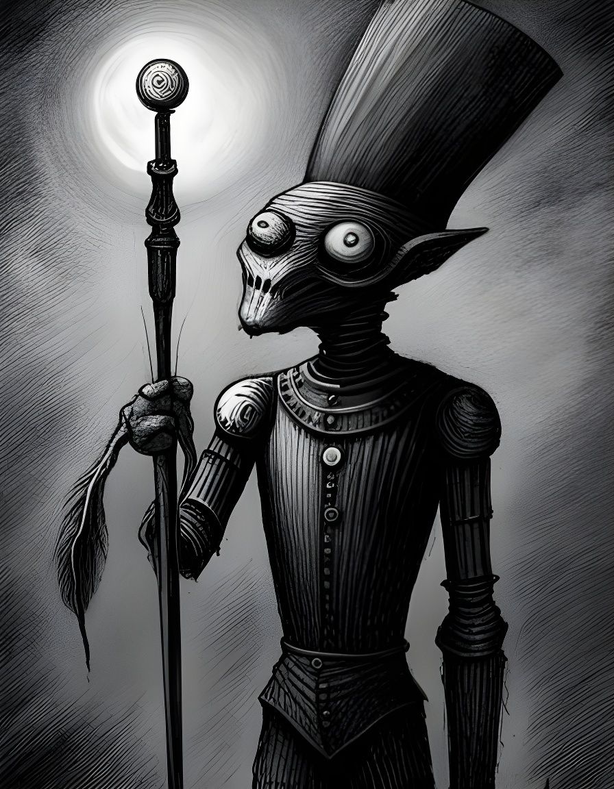Steampunk Alien Robot with Spear in Kubin Style