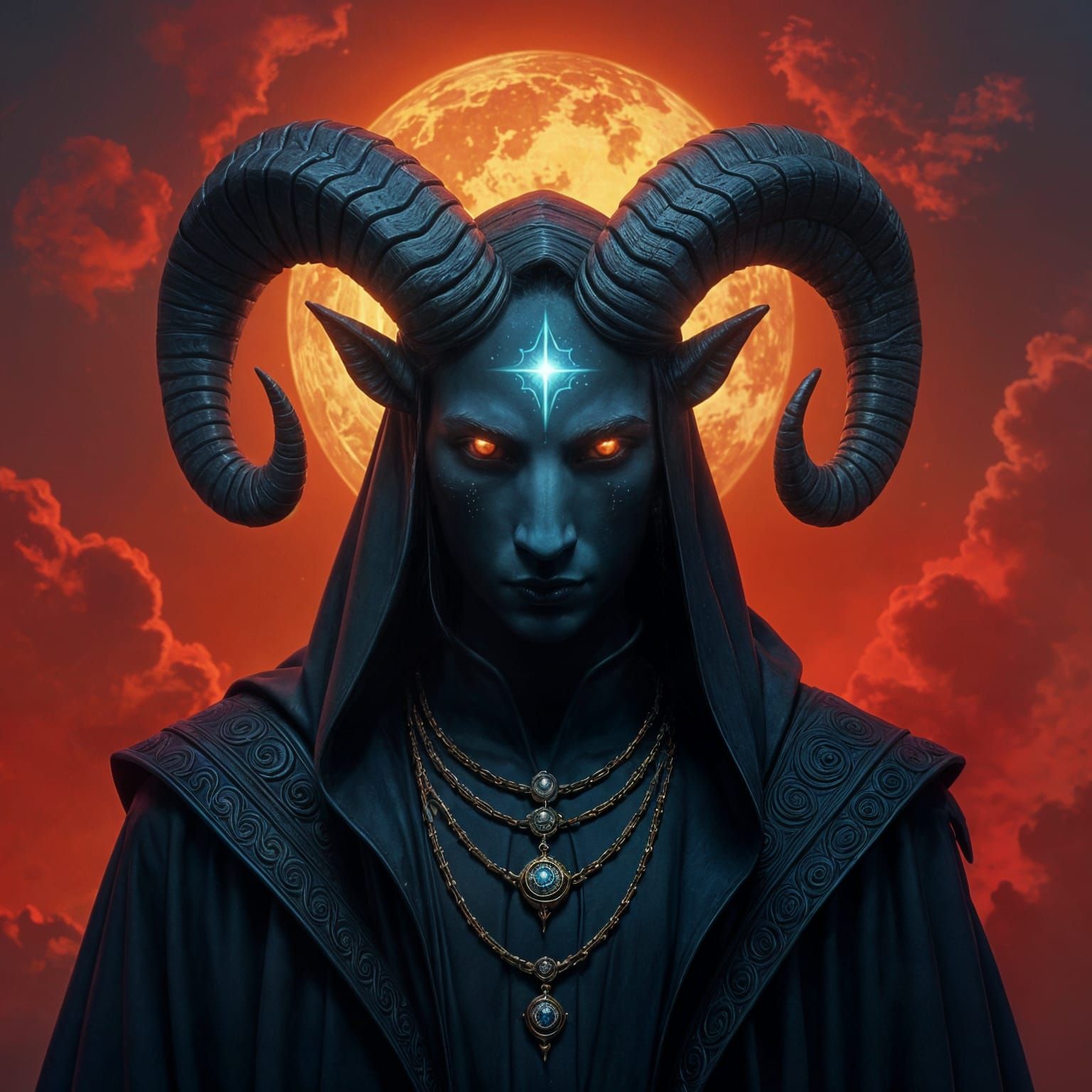Shadowy Deity with Ram Horns and Cosmic Symbols