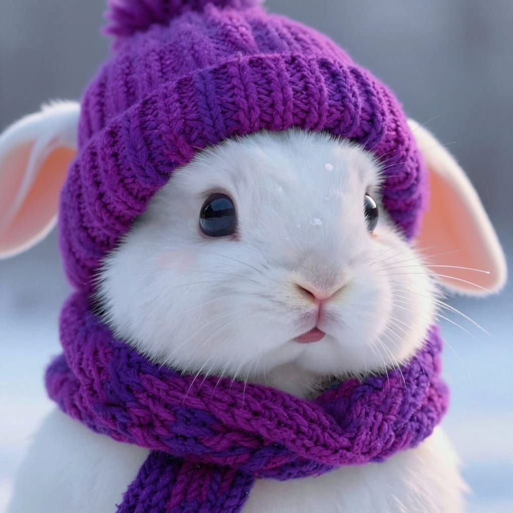 Photorealistic Bunny in Winter Hat and Scarf