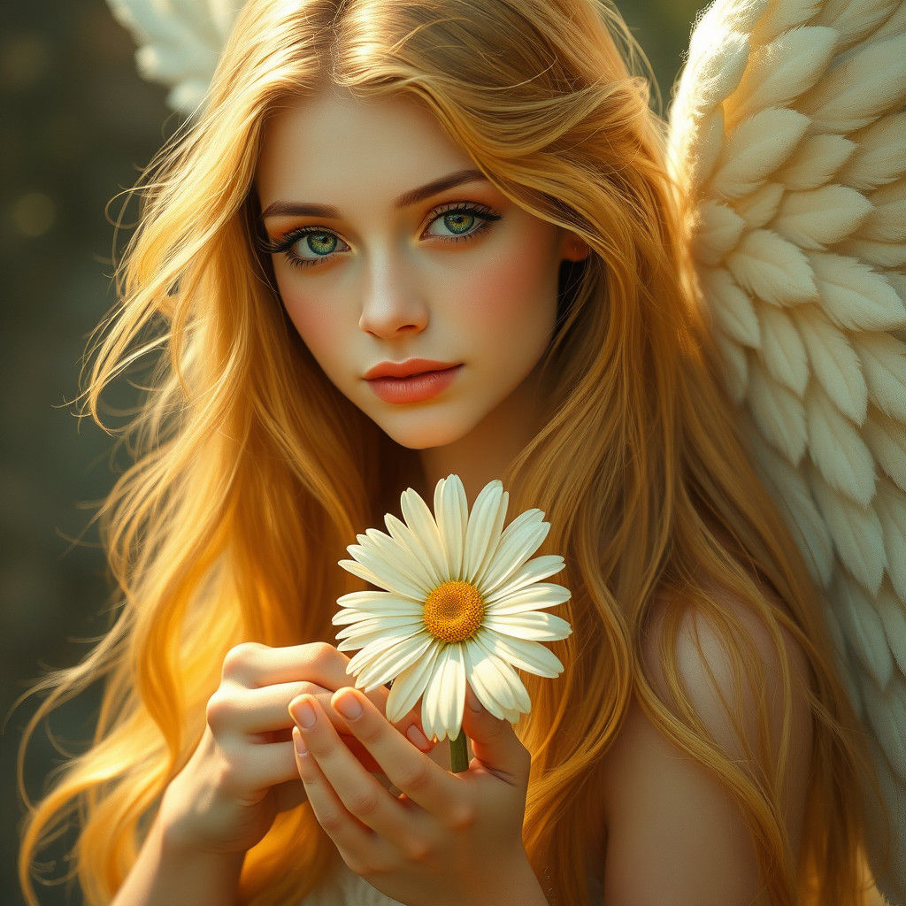 Angel Holding Daisy in Pre-Raphaelite Style