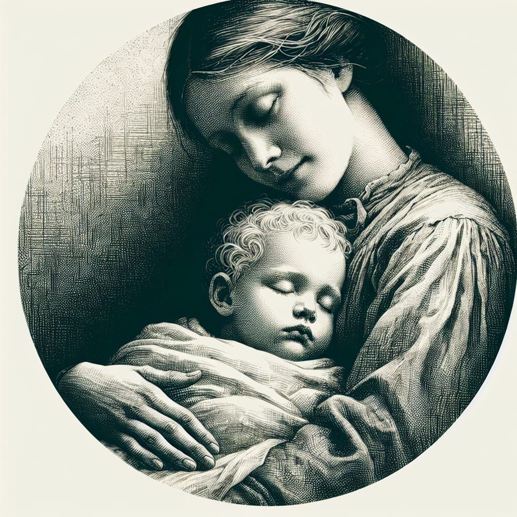 Tender Mother and Child Embrace: Early 20th Century Etching