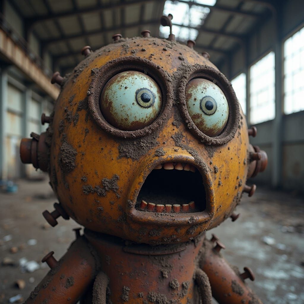 Rusted Industrial Machine Expresses Surprise in Abandoned Wa...