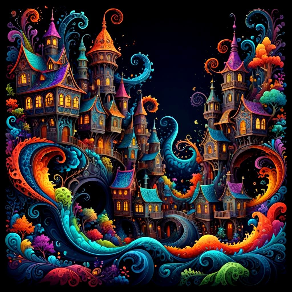 Colorful Fantasy Town in Doodle Art Style