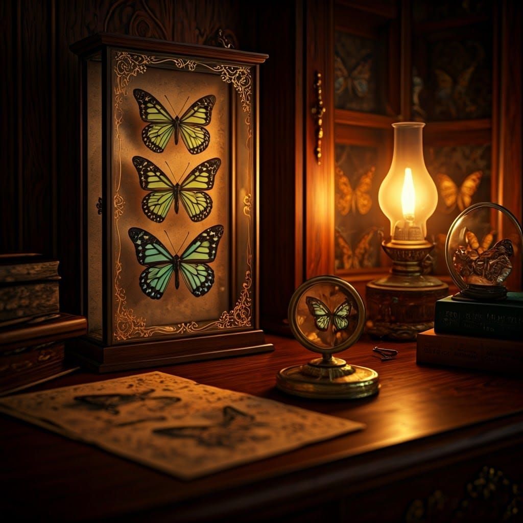 Victorian Era Collector's Cabinet of Iridescent Butterflies