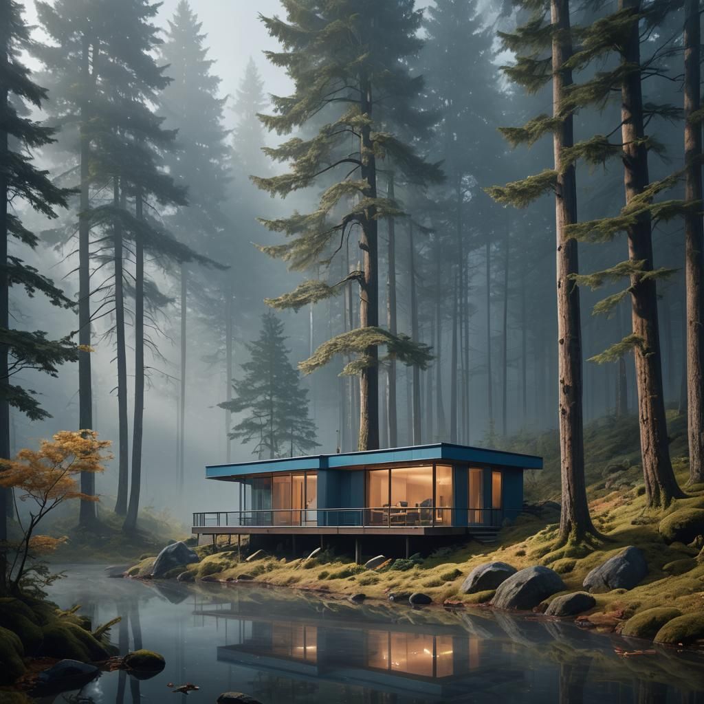 Cabin in Misty Forest: Hyperrealistic Post-Modernist Matte P...