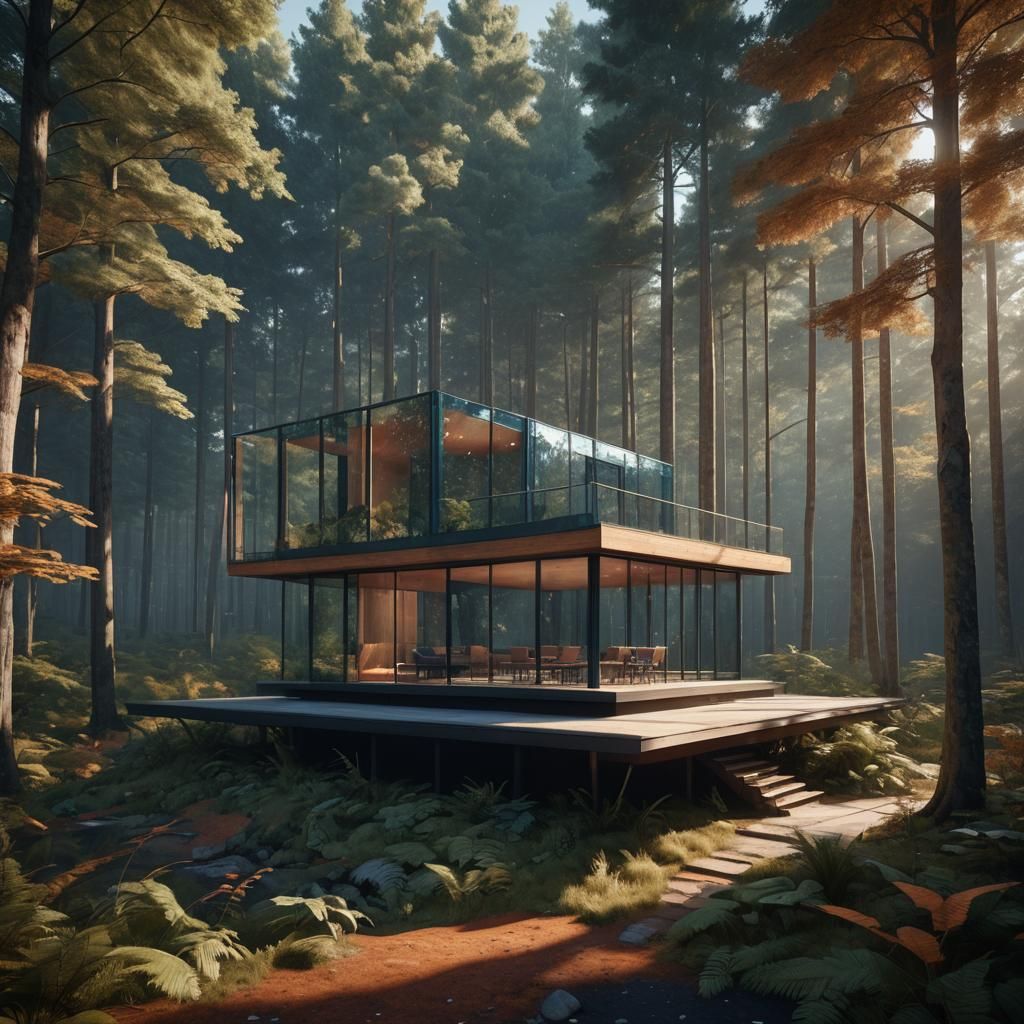 Reflective Glass Cabin in a Fantasy Forest