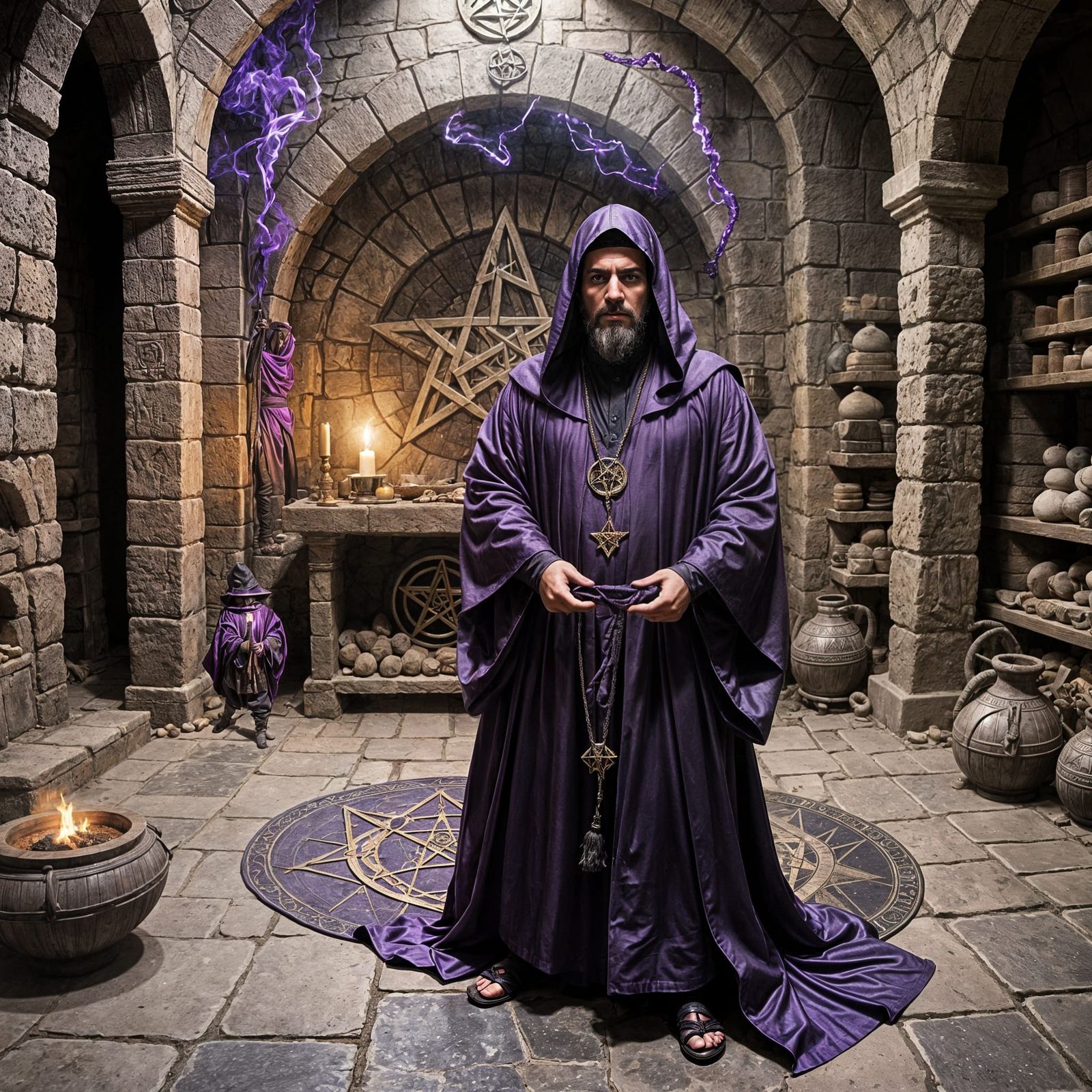 Angry Arab Wizard Casting Magic in Stone Cellar