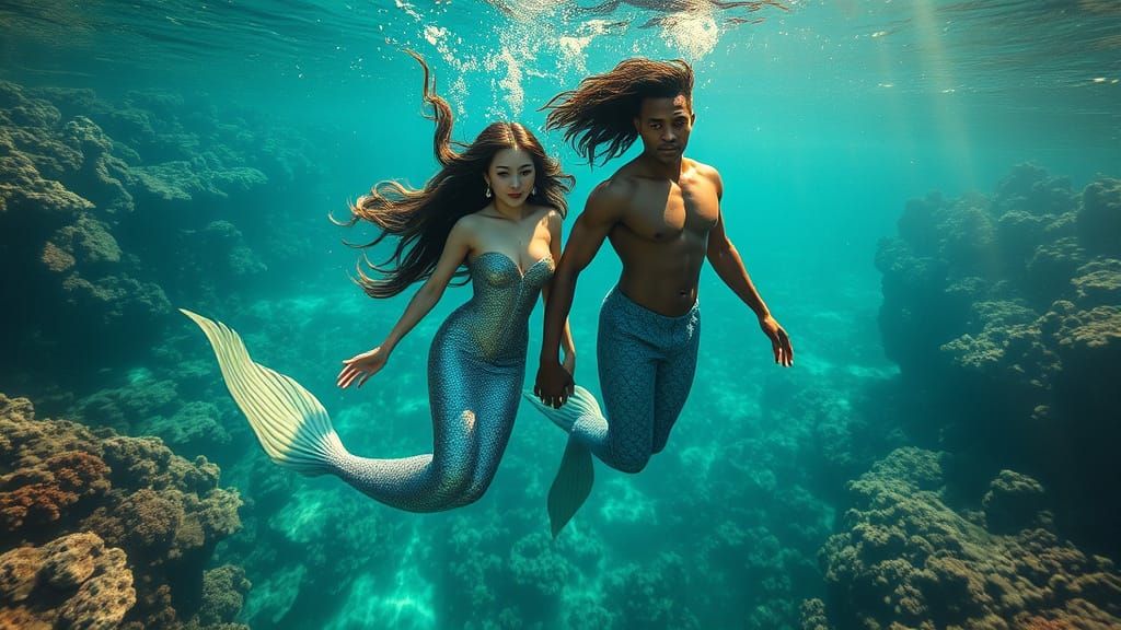 Asian Mermaid and African Merman Swim Hand in Hand through V...