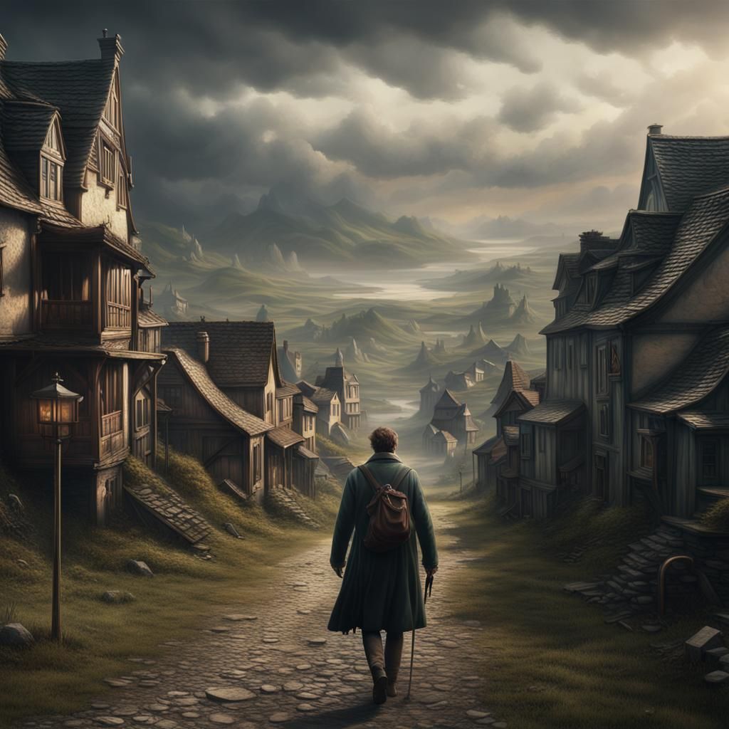 Encumbered Man Walks to Town: Epic Digital Painting