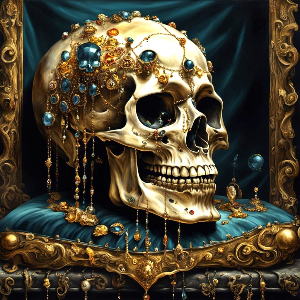 Skull luxury surrealism, macabre, horror art, dripping, deca...