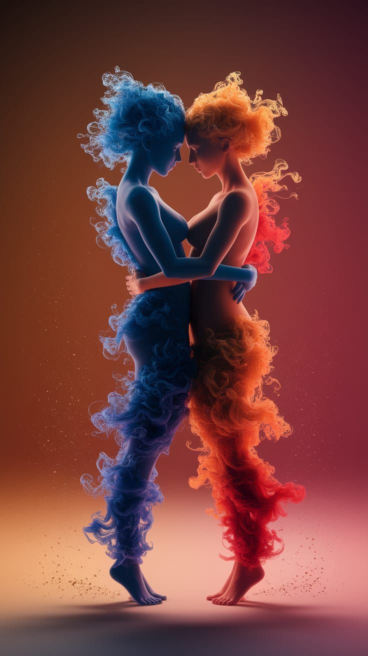 Ethereal Embrace: Luminous Smoke Figures in Tender Harmony